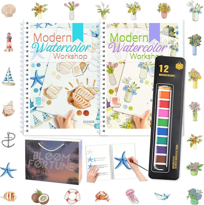 apolyone Watercolor Workbooks- 2 Pack Beginner Workbooks with 24 Coloring Book Pages - 12 Color blocks and a Brush - Watercolor Paper 300gsm/140lb - Gift for Women, Adults, Beginners (Bouquet & Seaside) - Image 1